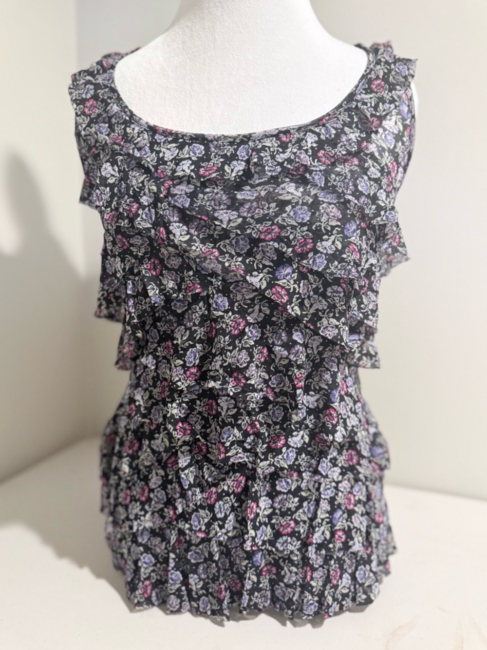 Express Black Floral Ruffle Tank with Pink & Purple Accents